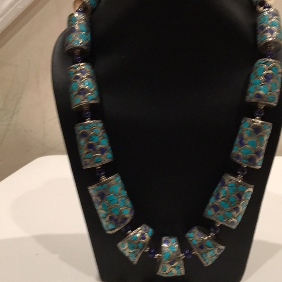 Turquoise Lapis Stone inlaid beads necklace - Picture 4 of 6